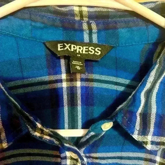Express Women’s Open/Cold Shoulder Blouse Top Medium Blue Plaid Long Sleeve - Picture 5 of 5